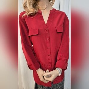 Notations Women's Rusty Red Button-Down Shirt With Mandarin Collar. EUC.
